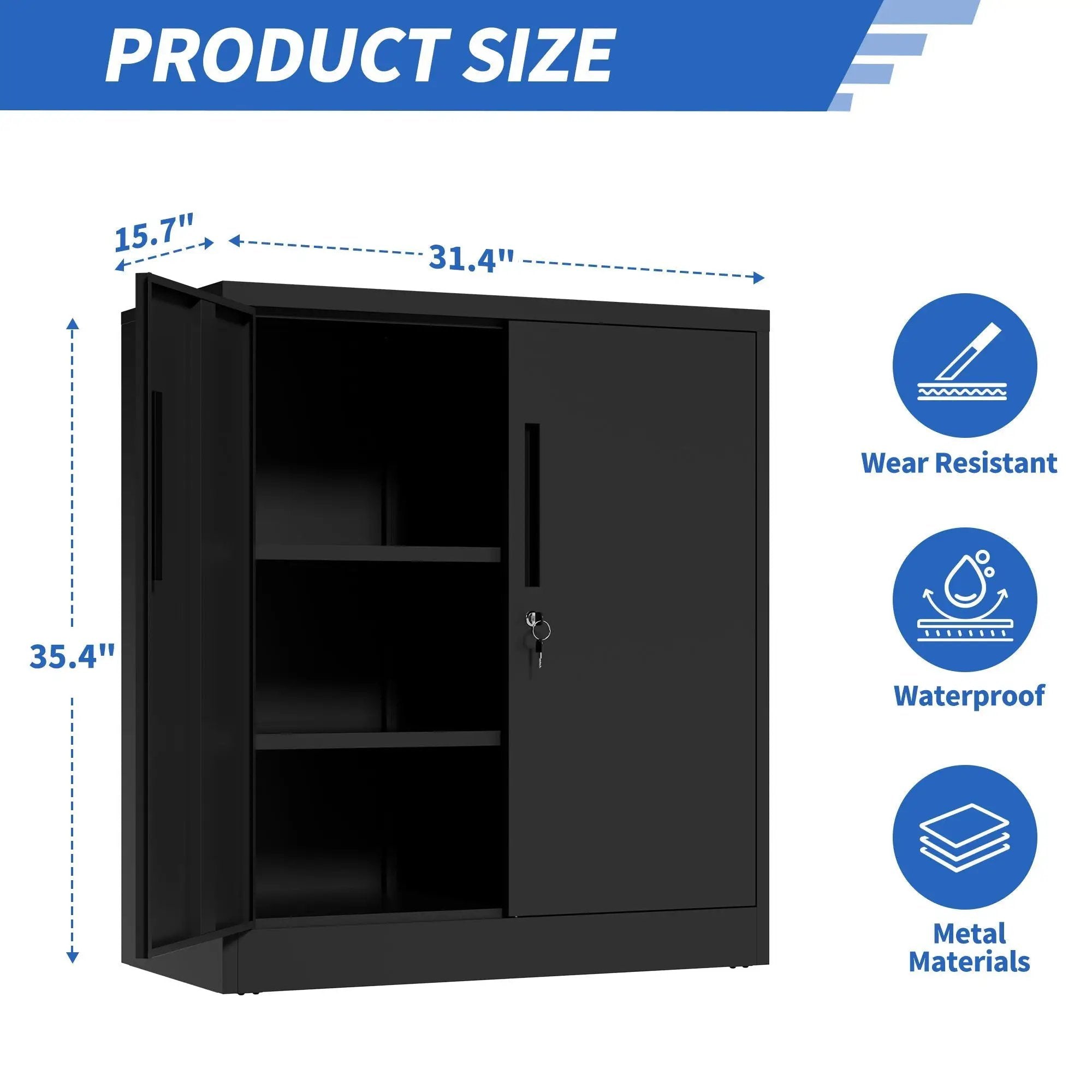 Heavy Duty Storage Cabinet With Lock, 2 Door File Cabinet With 2 Adjustable Shelves - Black by HouseOfZazla