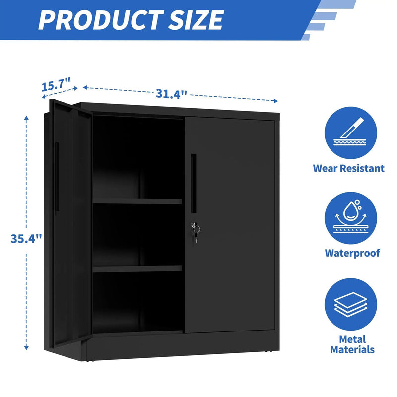 Heavy Duty Storage Cabinet With Lock, 2 Door File Cabinet With 2 Adjustable Shelves - Black by HouseOfZazla