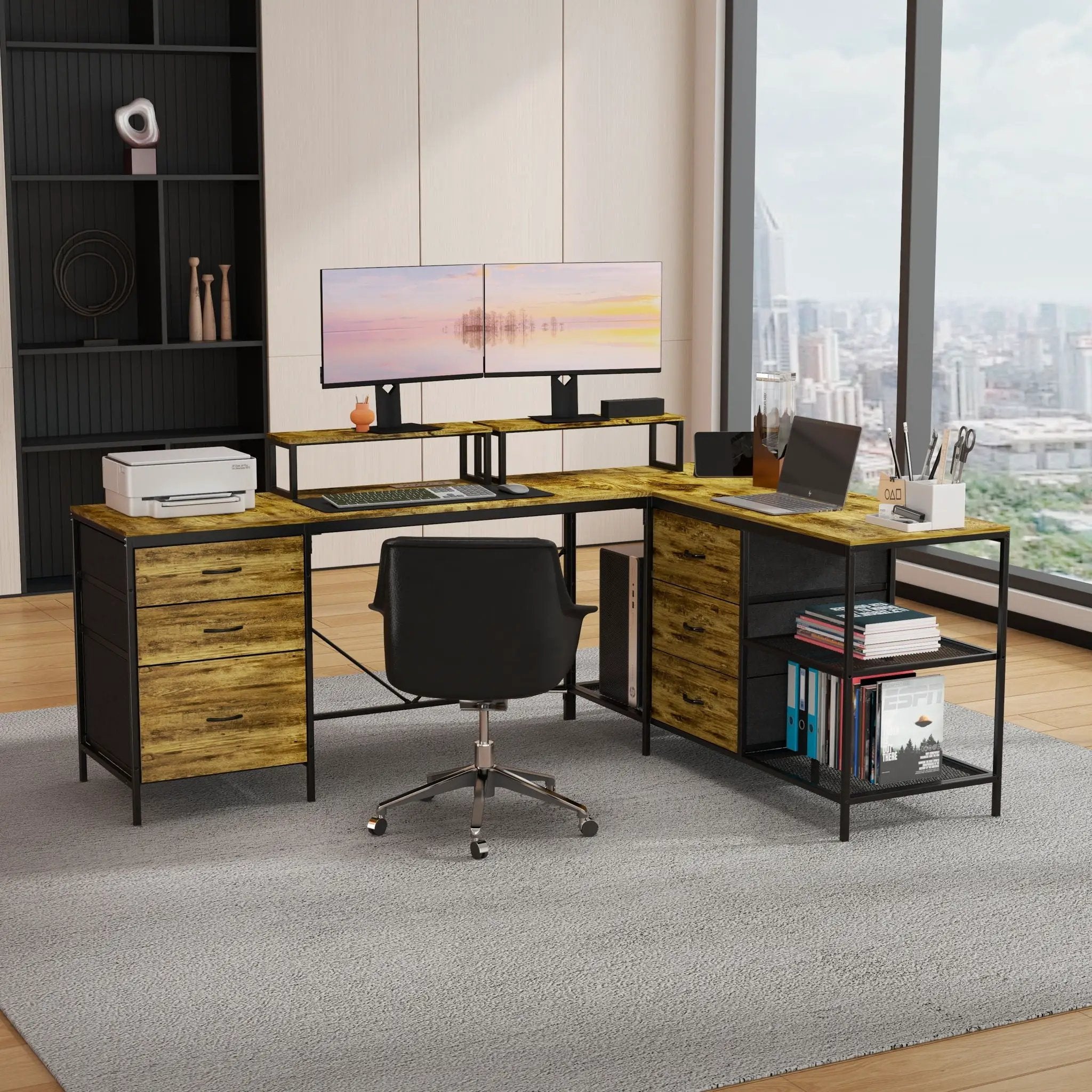 Industrial L Shaped Desk With Power Hub With 6 Drawers And Adjustable Monitor Stands - Brown by HouseOfZazla