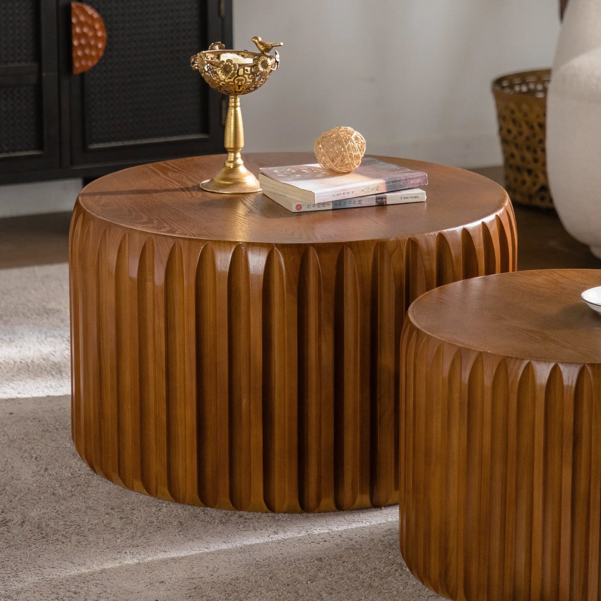 Set of 2 Fluted Round Coffee Tables - Mid-Century Modern Wood by HouseOfZazla