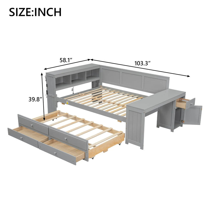 Daybed With Storage Shelves, Drawers, Trundle, Charging Station, LED Light, Desk And Cabinet by HouseOfZazla