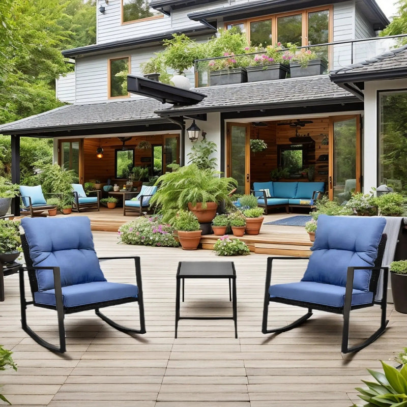 3 Pieces Patio Bistro Set Outdoor Rocking Chair with Blue Cushion for Yard Garden Poolside by HouseOfZazla