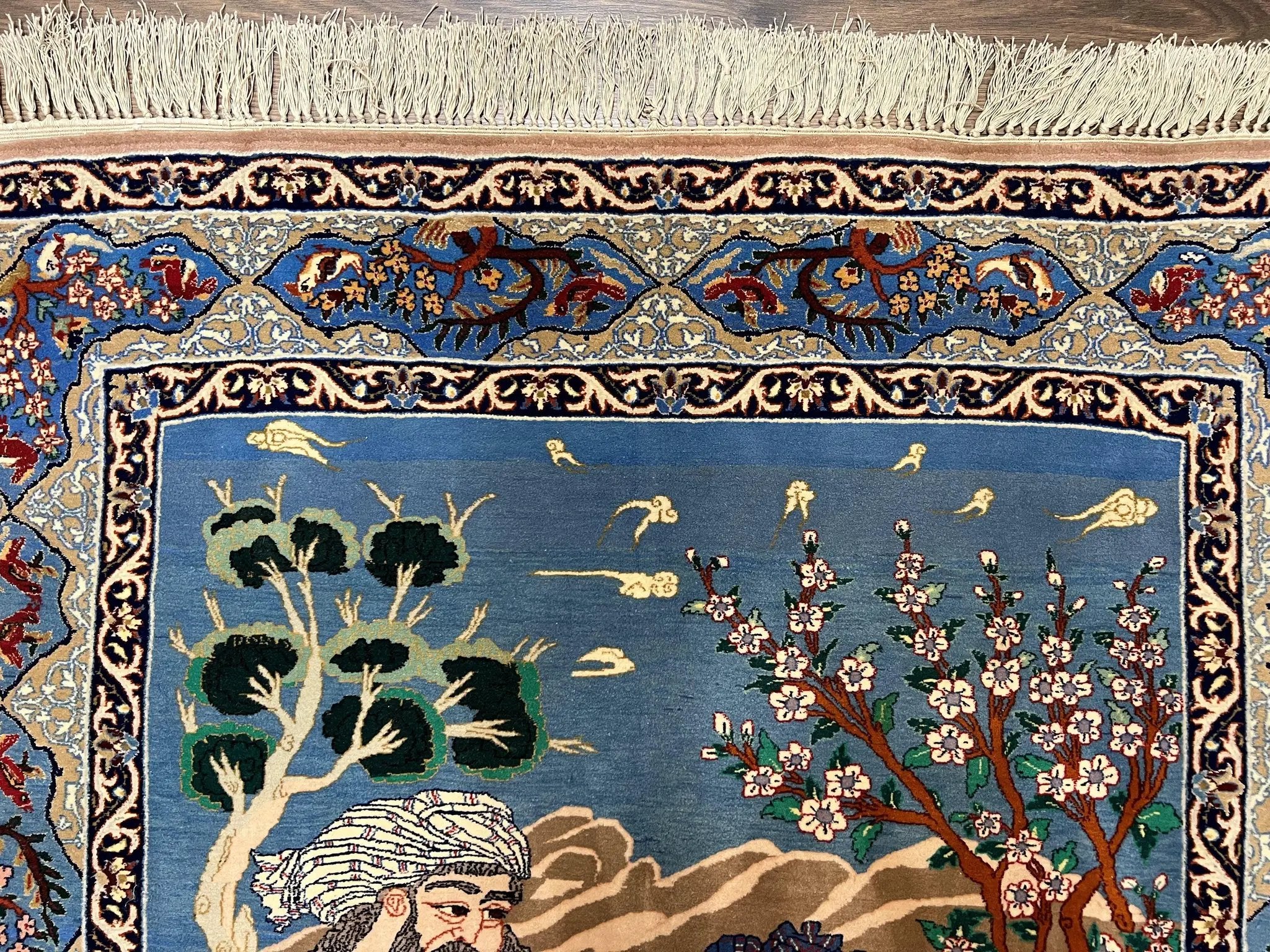 Fine Persian Isfahan Pictorial Rug 3.7 x 5, Kork Wool on Silk Foundation, Blue Persian Carpet, Hand Knotted, Humans Birds, High KPSI, Semi Antique by Jewel Rugs