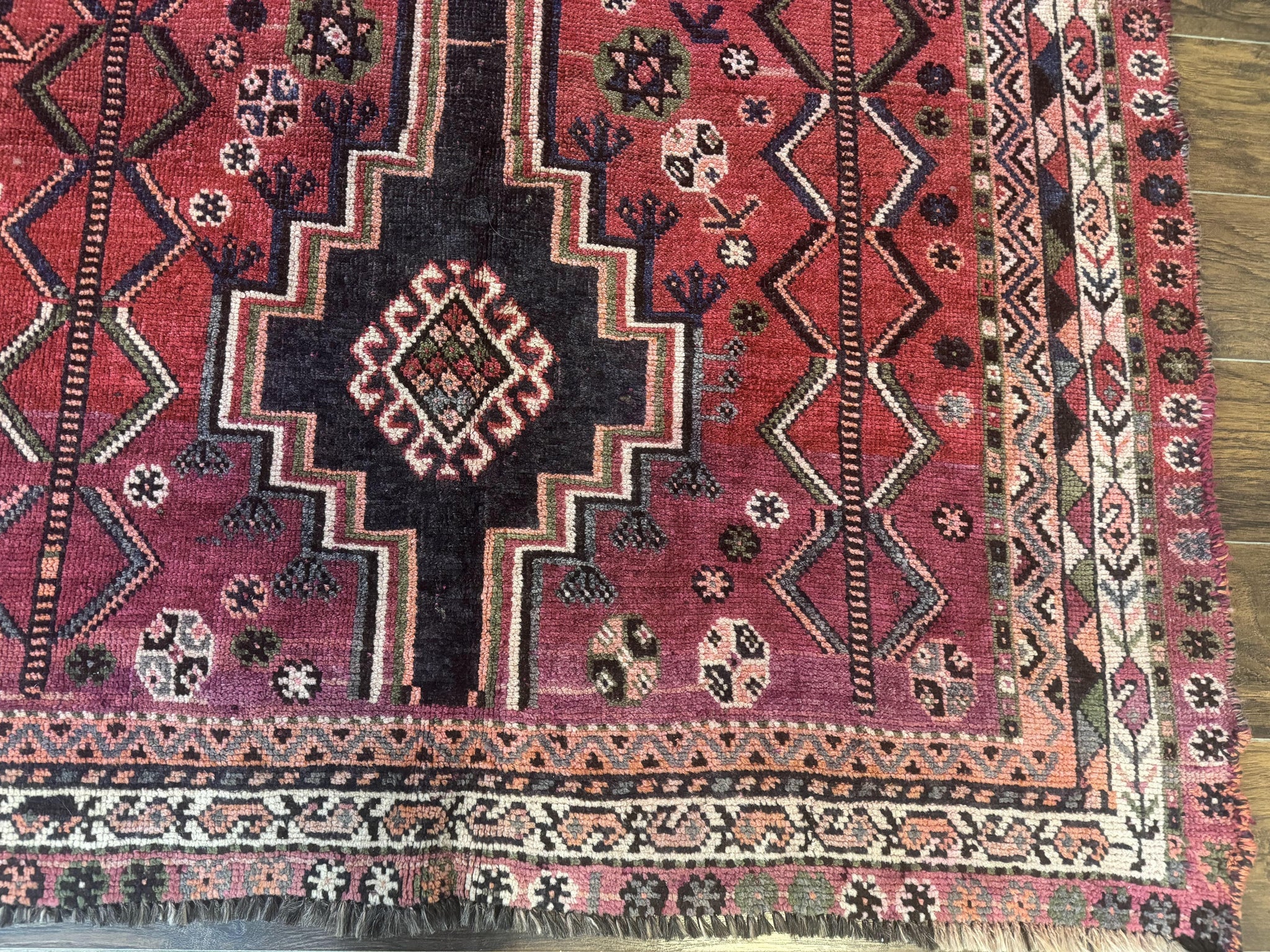 Persian Tribal Shiraz Rug 5x8, Geometric, Raspberry Red and Charcoal, Antique Persian Carpet by Jewel Rugs