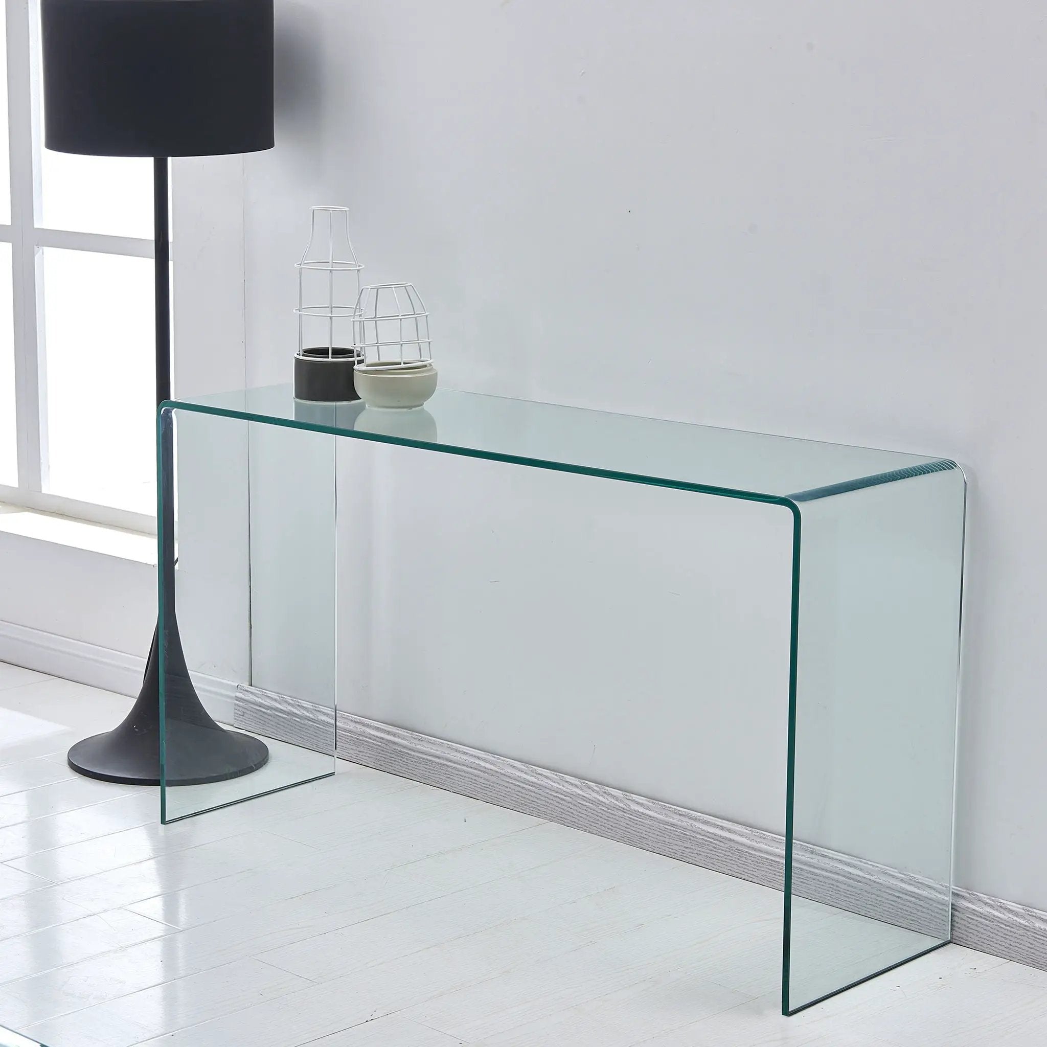 Elegant Transparent Tempered Glass Console Table With Rounded Edges, Modern Sofa Table - Clear by HouseOfZazla
