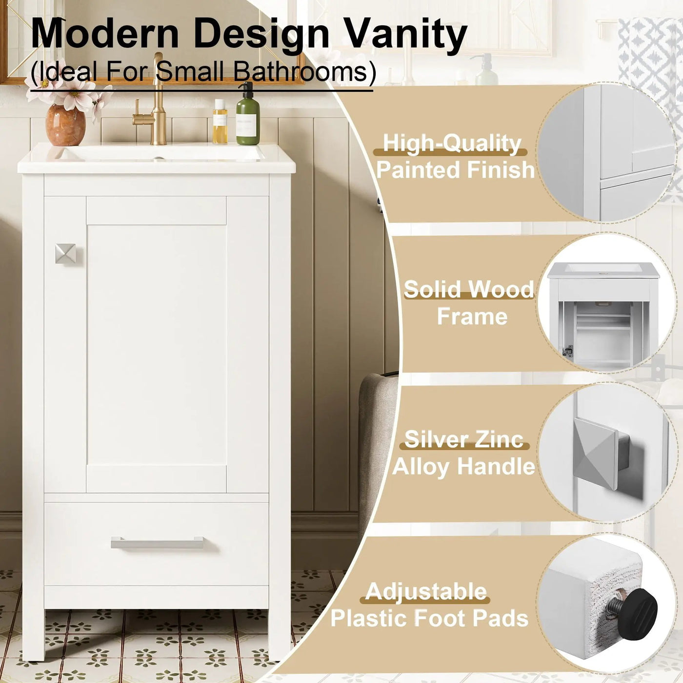 Bathroom Vanity With Ceramic Sink, Soft Close Drawers, Door Organizer, Divider Drawer, Adjustable Foot Pads by Unique Piece Furniture
