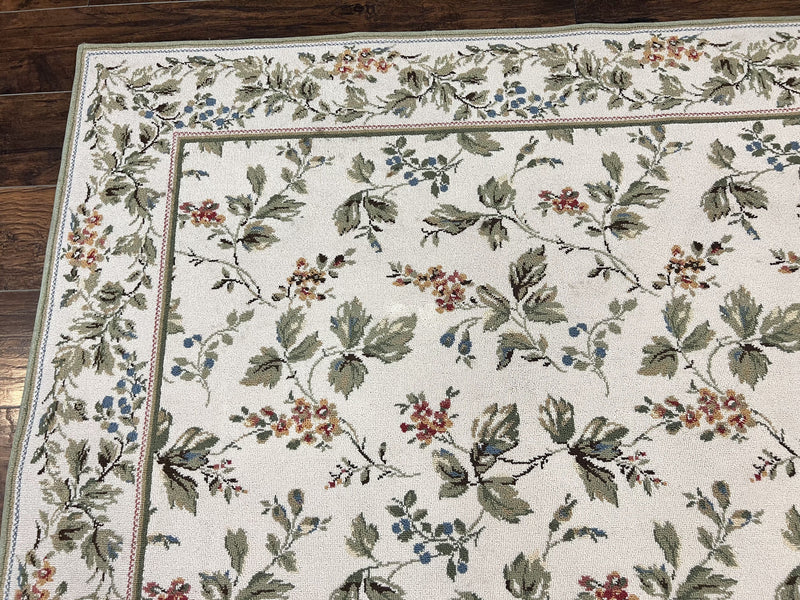 Vintage Stark Carpet 7x10, Ivory and Green, European Aubusson Design, Allover Pattern, Stark Rug by Jewel Rugs