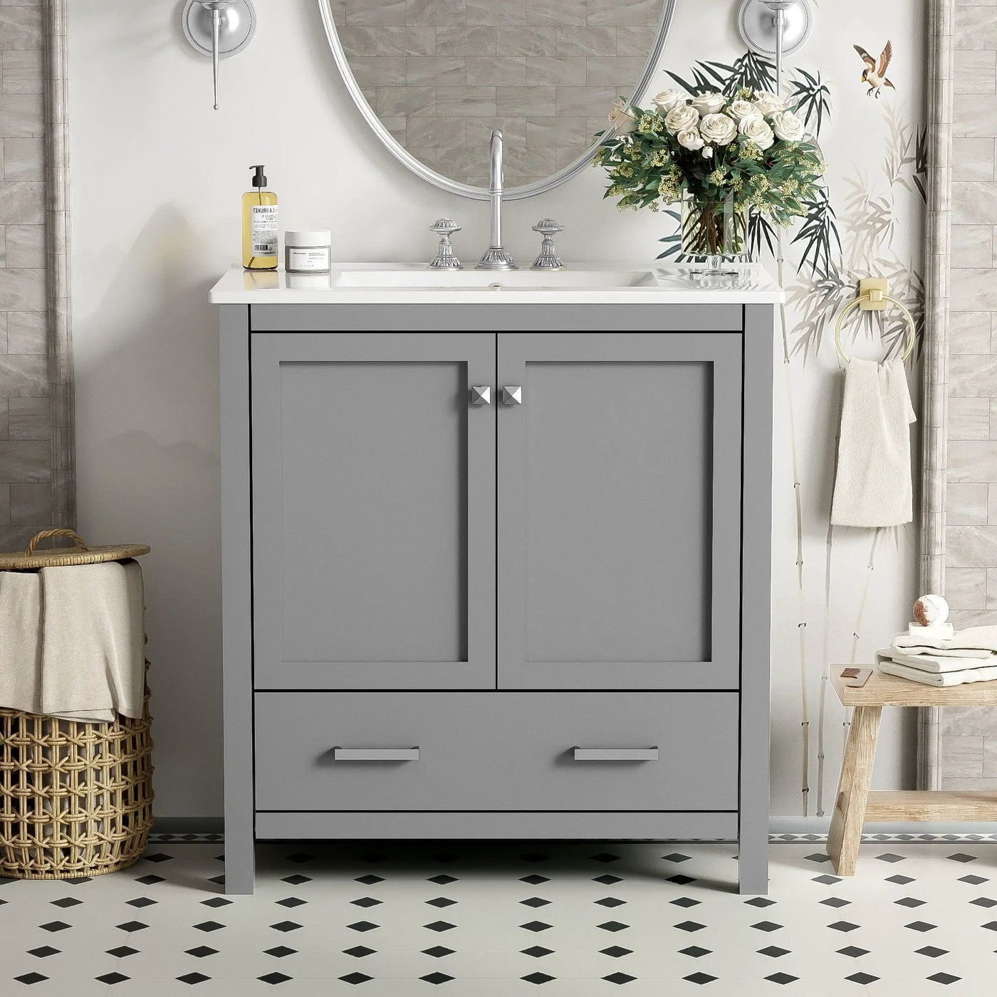 Bathroom Vanity With Single Sink, Combo Cabinet Undermount Sink, Bathroom Storage Cabinet With Two Doors And A Drawer, Soft Closing, Multifunctional Storage, Solid Wood Frame by Unique Piece Furniture