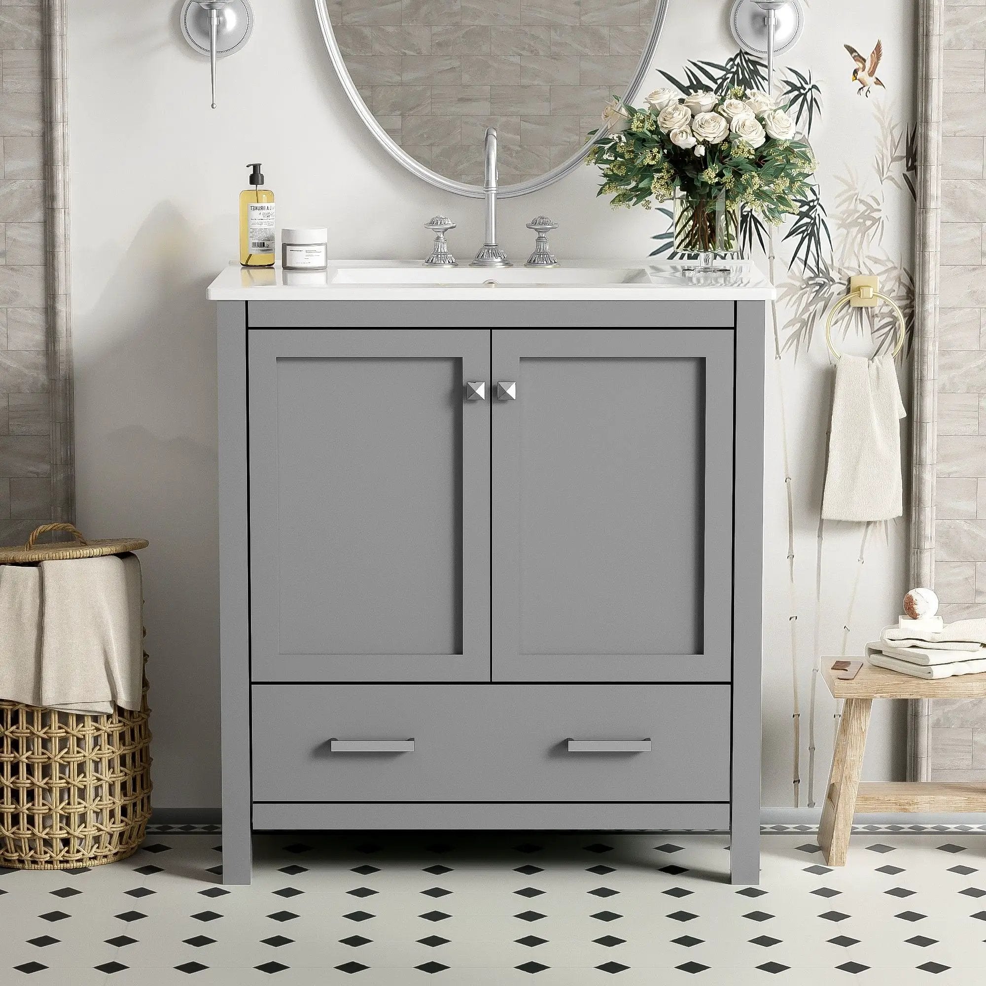 Bathroom Vanity With Single Sink, Combo Cabinet Undermount Sink, Bathroom Storage Cabinet With Two Doors And A Drawer, Soft Closing, Multifunctional Storage, Solid Wood Frame by Unique Piece Furniture