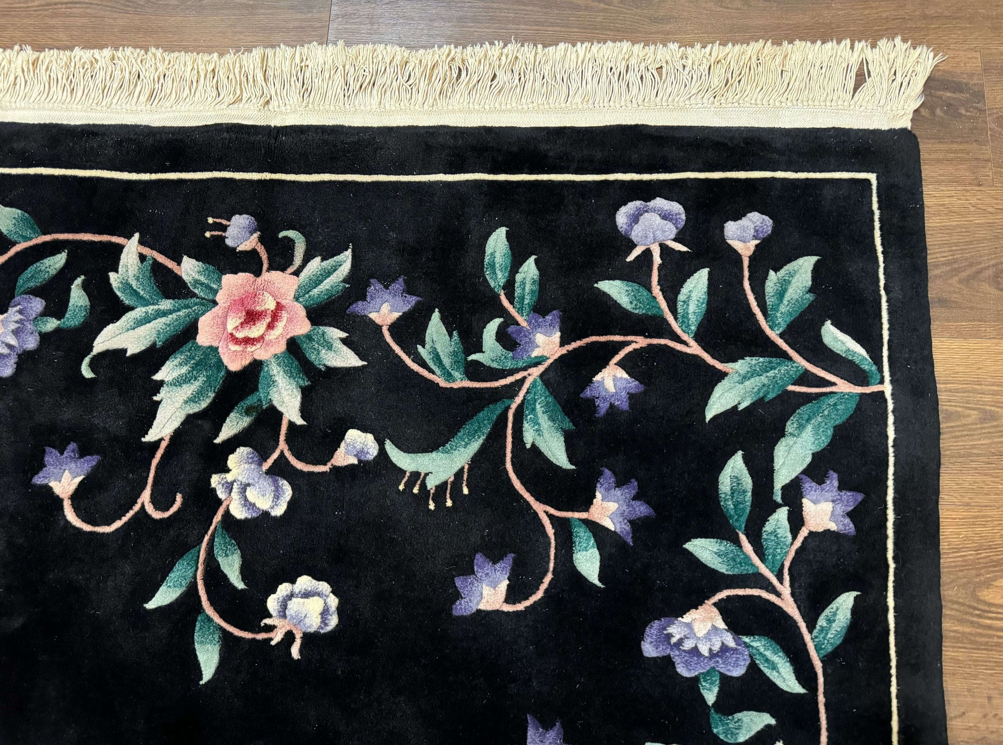 Chinese Wool Rug 6x9, Black, Floral, Minimal Design, 90 Line Carpet, Vintage Art Deco Rug by Jewel Rugs