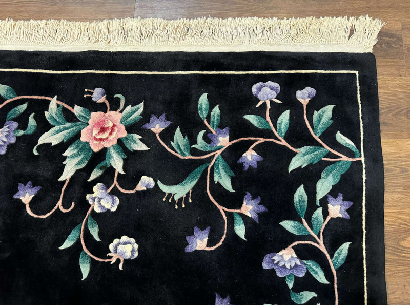 Chinese Wool Rug 6x9, Black, Floral, Minimal Design, 90 Line Carpet, Vintage Art Deco Rug by Jewel Rugs