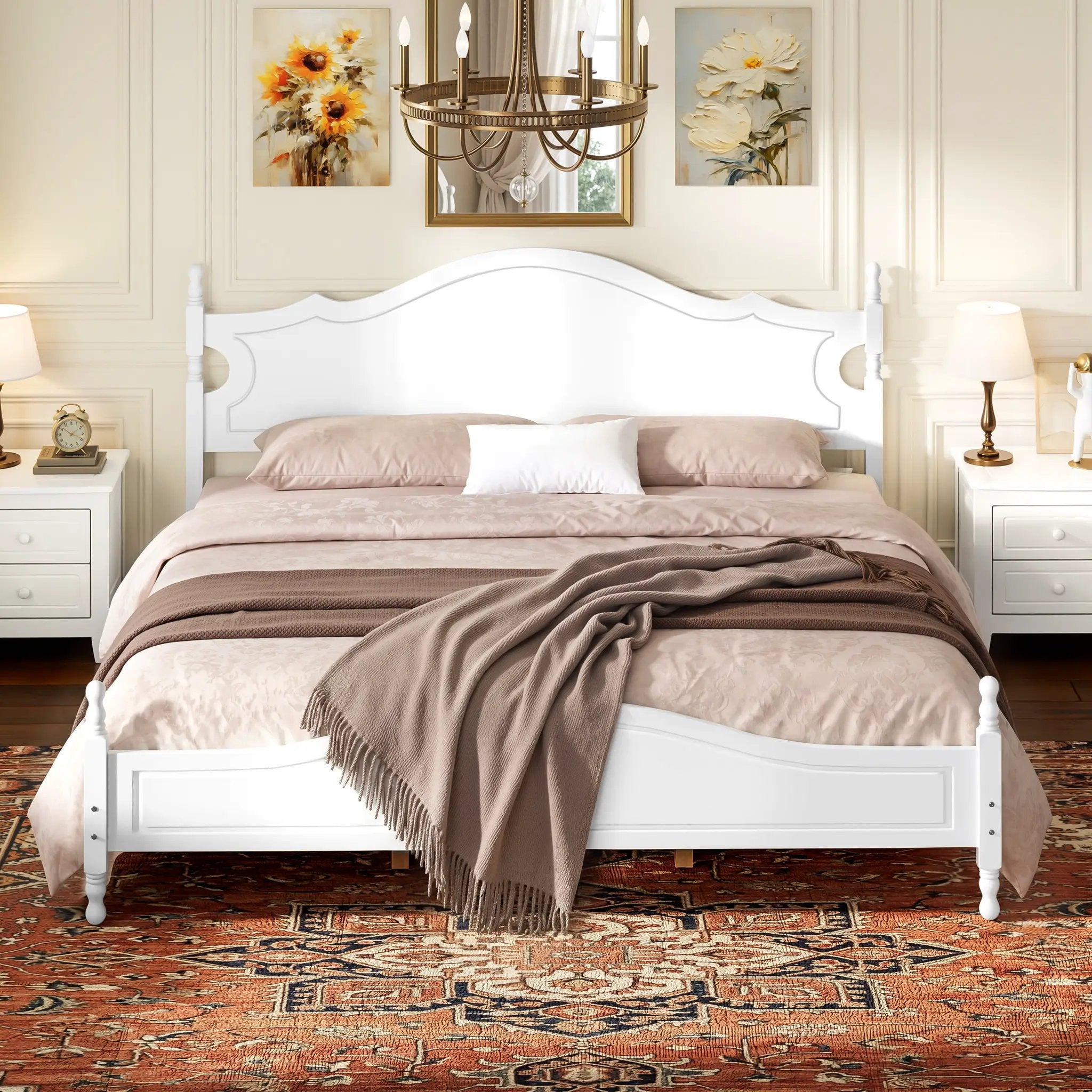 King Bed Frame with Headboard, Retro Style Wooden Platform Bed by HouseOfZazla