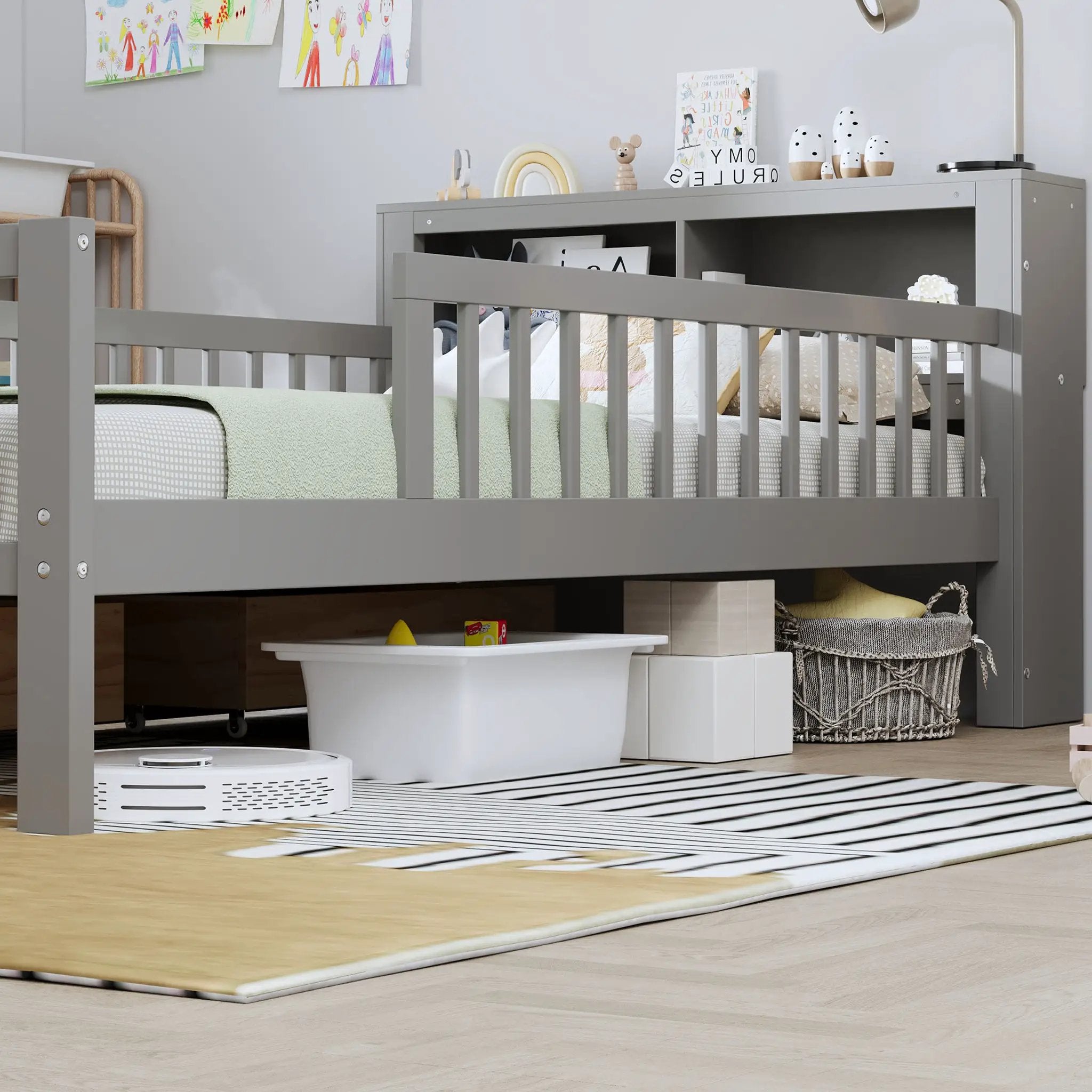 Bed With Headboard Storage Rack, 2 Under Bed Drawers, 3 Side Guardrails For Safety by Unique Piece Furniture