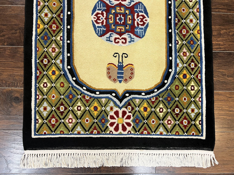 Chinese Rug 3x6 ft, Chinese Wool Rug, Tiensin Rug, Handmade Wool 3 x 6 Vintage Peking Rug, Art Deco Rug, Butterflies by Jewel Rugs