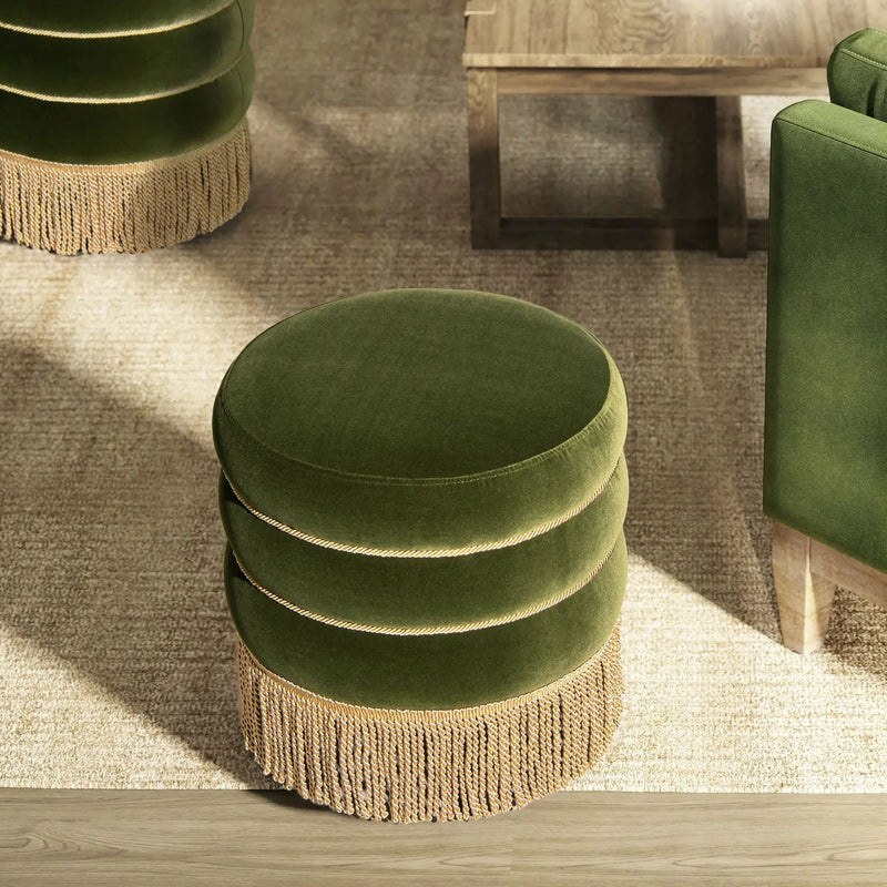 Edward - Round Upholstered Ottoman With Bullion Fringe - Olive Green by Unique Piece Furniture