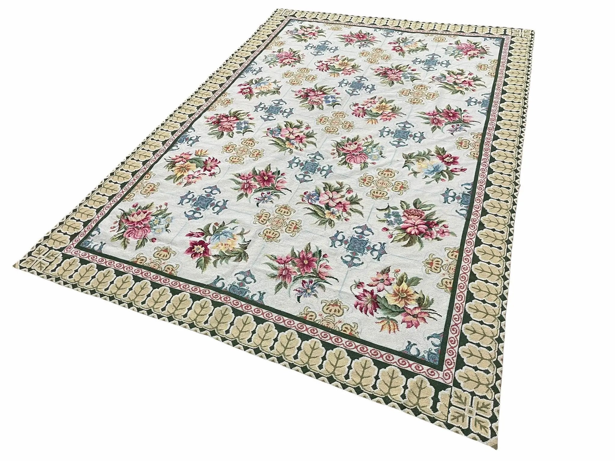 Hand-Knotted Needlepoint Carpet 6x9, Ivory/Cream Background, Colorful Flowers, Yellow Border, Aubusson Rug 6 x 9, New, Handmade by Jewel Rugs