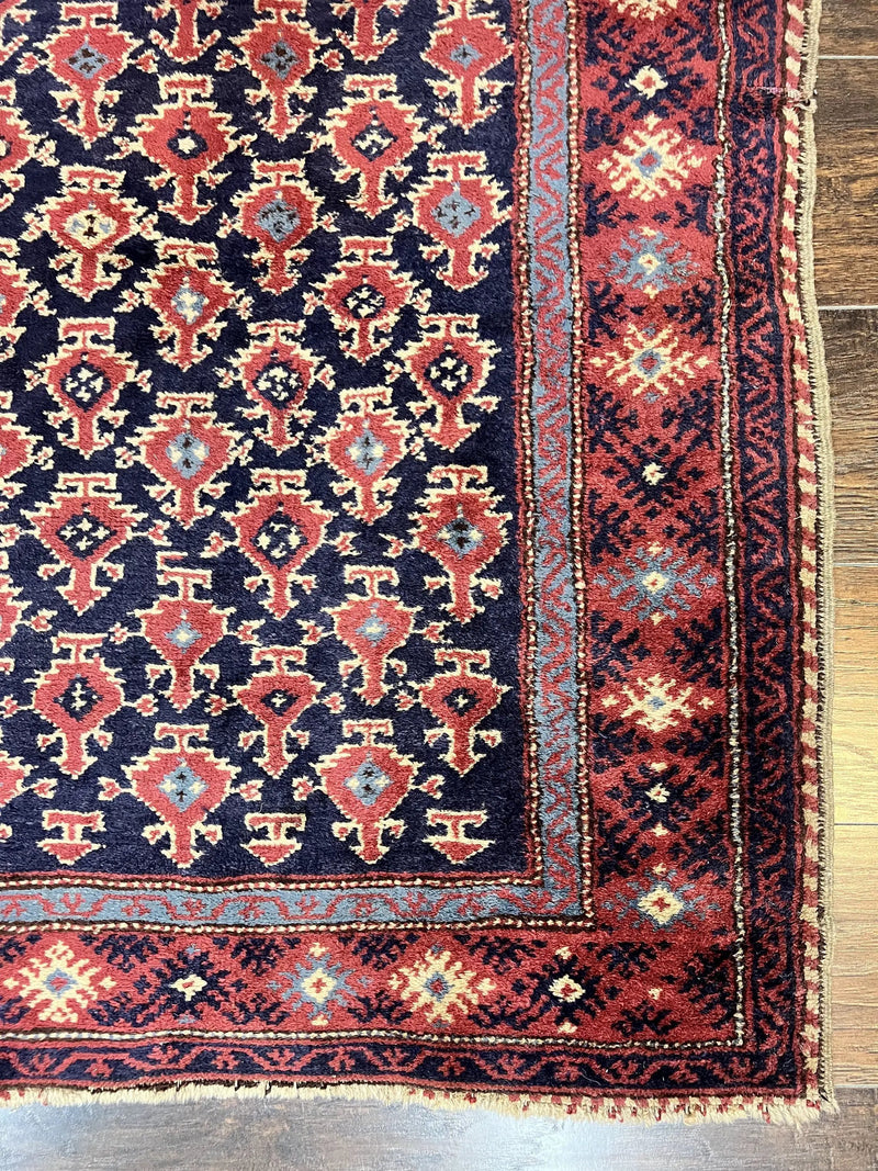 Turkish Sparta Rug 3x4, Allover Pattern, Navy Blue and Red, Antique Ispara Oriental Carpet 3 x 4, Small Turkish Handmade Vintage Wool Rug by Jewel Rugs