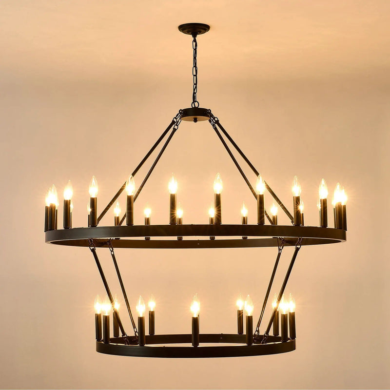 2 Tiers Wagon Wheel Chandelier Wooden Farmhouse 36 Light (24 / 12) Or (12 / 24) Metal Chandeliers 2 Story Light Fixtures Industrial For High Ceiling Living Dining Room Foyer, Adjustable Height - Black by HouseOfZazla