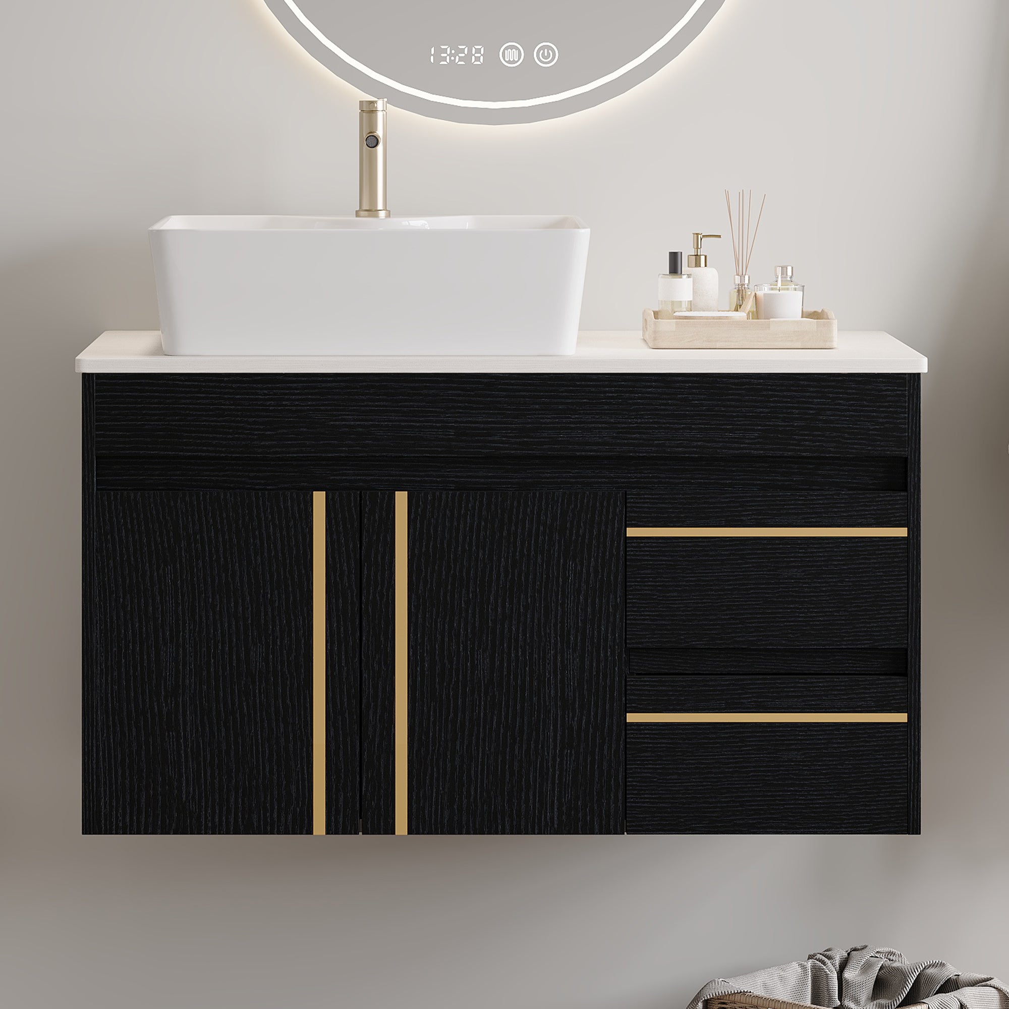 36" Wall-Mounted Bathroom Vanity with Vessel Ceramic Sink & Plywood Countertop by HouseOfZazla