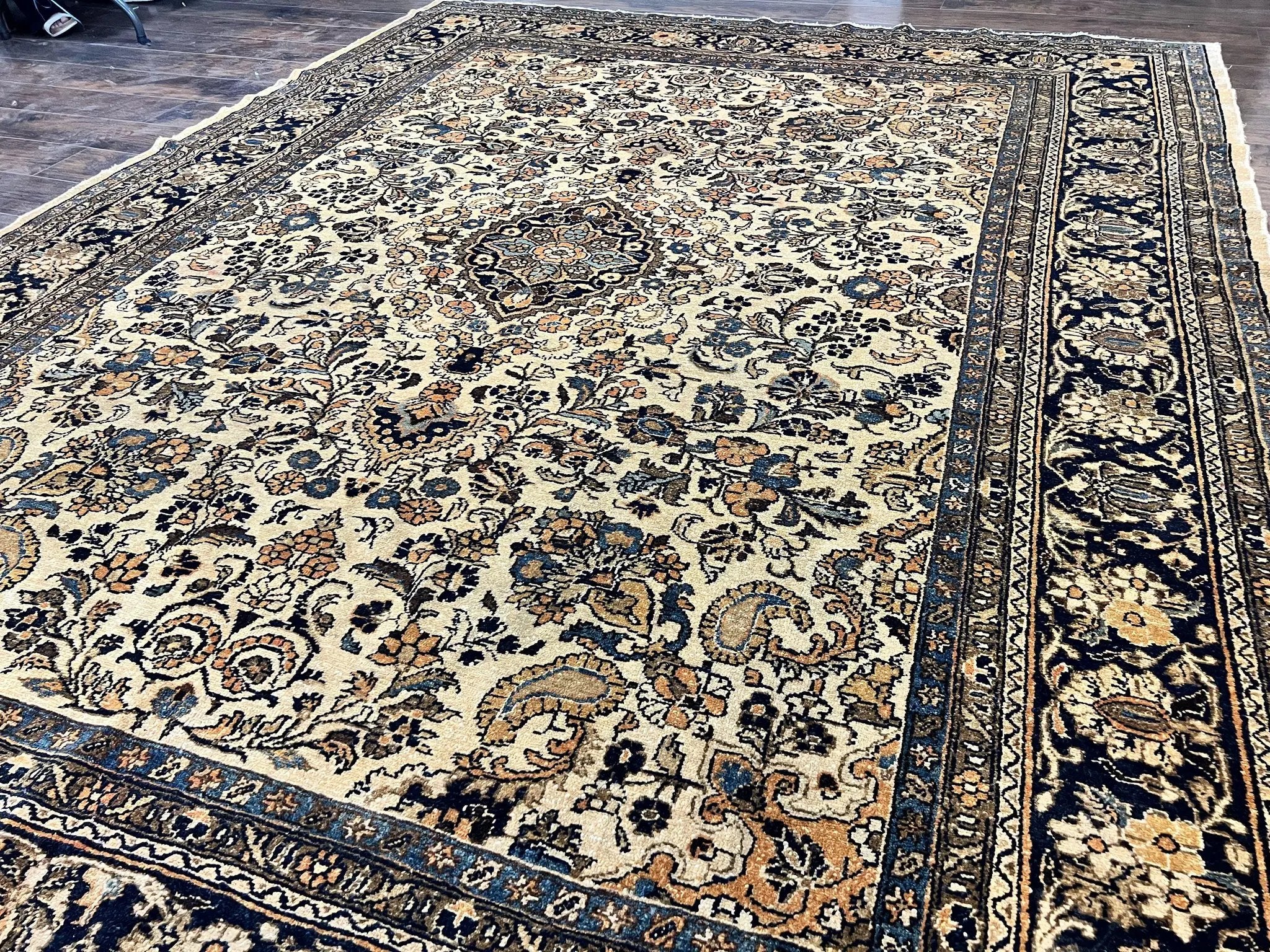 Antique Persian Rug 9x11, Wool Handmade 1920s Oriental Carpet, Persian Hamadan Anjelas Rug, Cream Black, Floral Allover Oriental Rug 9 x 11 Room Sized Rug by Jewel Rugs