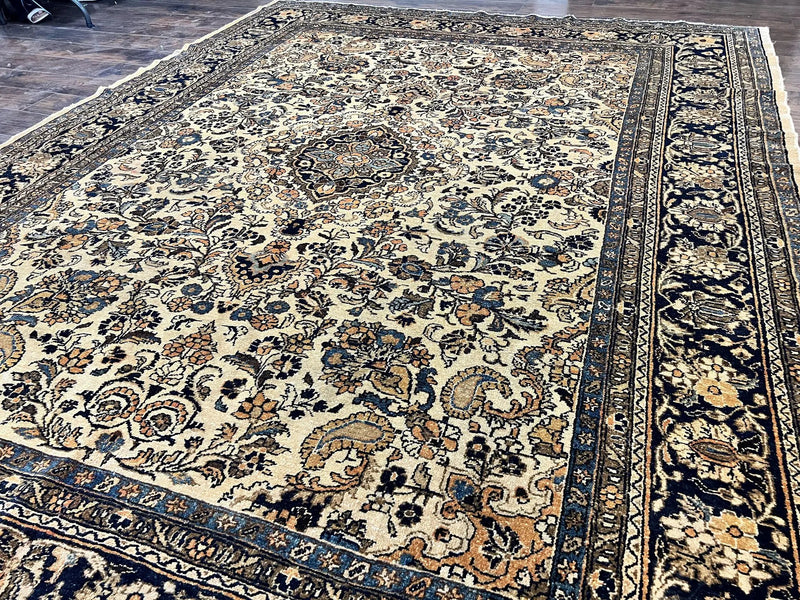 Antique Persian Rug 9x11, Wool Handmade 1920s Oriental Carpet, Persian Hamadan Anjelas Rug, Cream Black, Floral Allover Oriental Rug 9 x 11 Room Sized Rug by Jewel Rugs