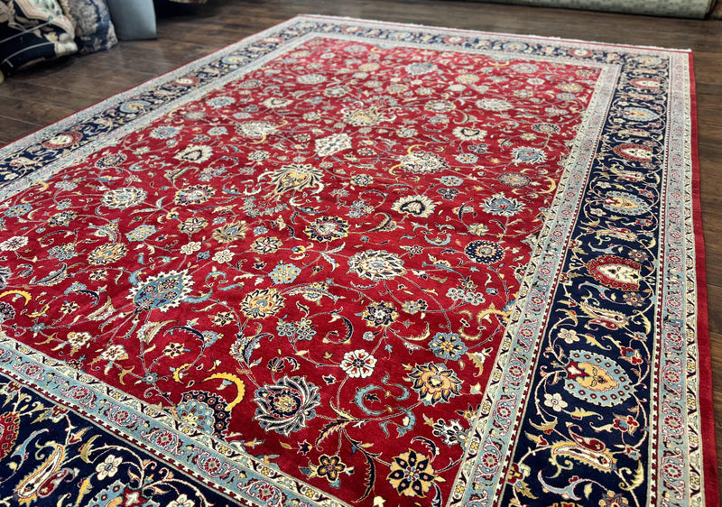 Pak Persian Rug 9x12, Red and Navy Blue, Floral Allover, Hand Knotted Vintage Wool Carpet, Fine 260 KPSI by Jewel Rugs