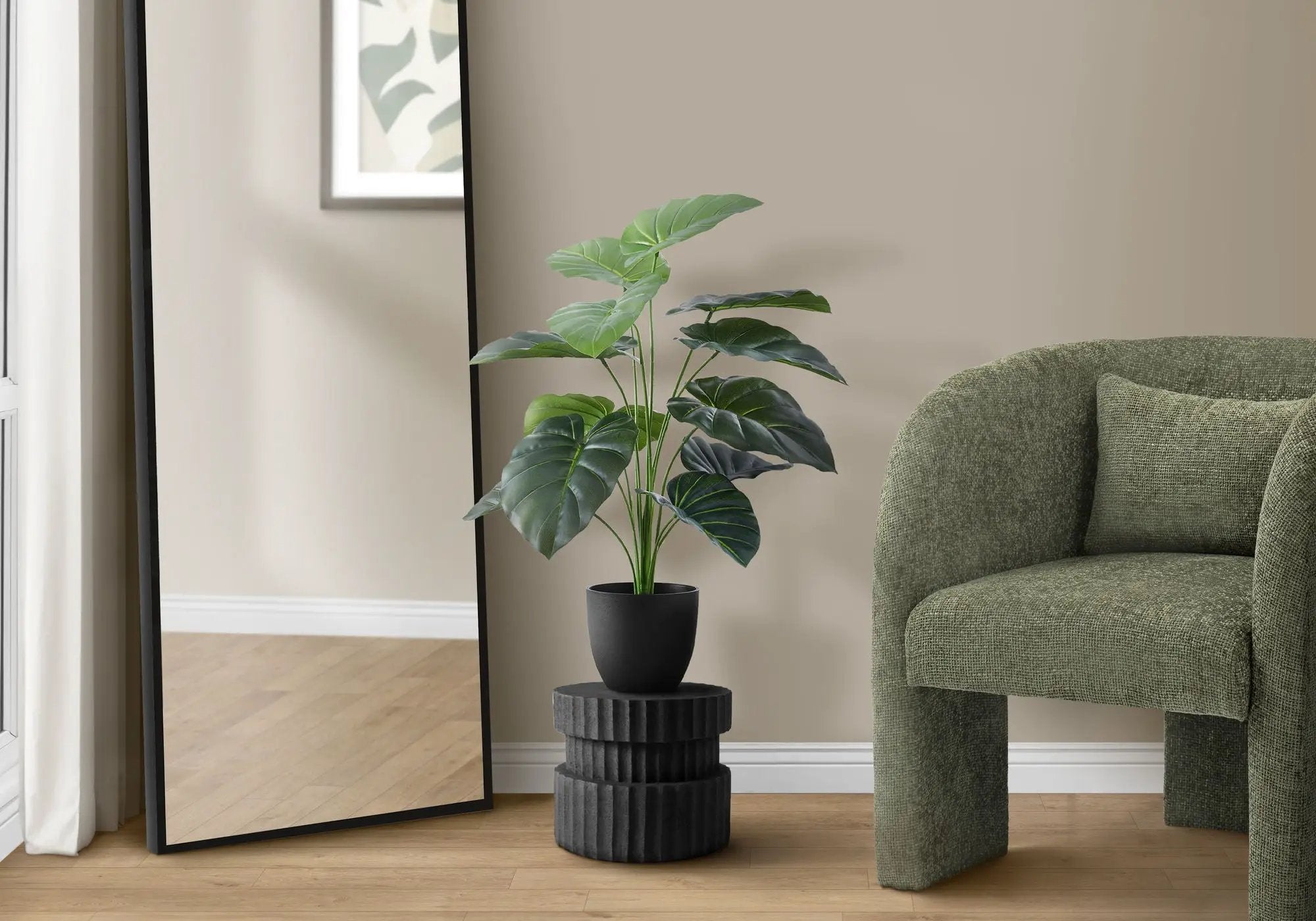 24" Tall, Artificial Plant, Alocasia, Indoor, Faux, Fake, Table, Greenery, Potted, Real Touch, Decorative - Green / Black by Unique Piece Furniture