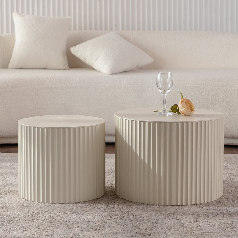 Beige Nesting Coffee Table Set of 2 Modern Drum Side Tables by HouseOfZazla
