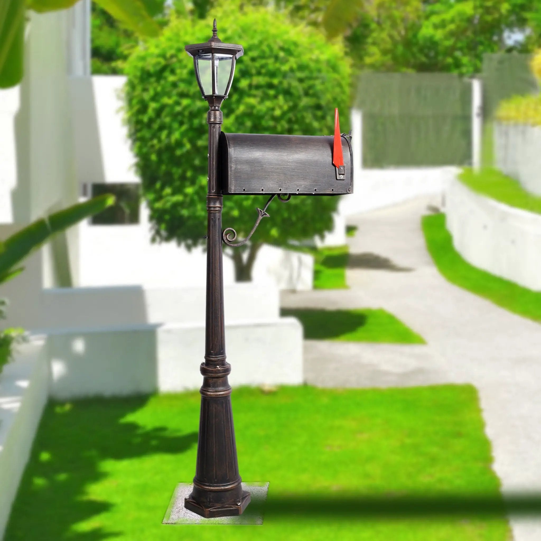 Stratford - Heavy Duty Cast Aluminum Mailbox With Post And Solar Light, Fluted Base, Decorative Modern Mailbox - Brown by HouseOfZazla
