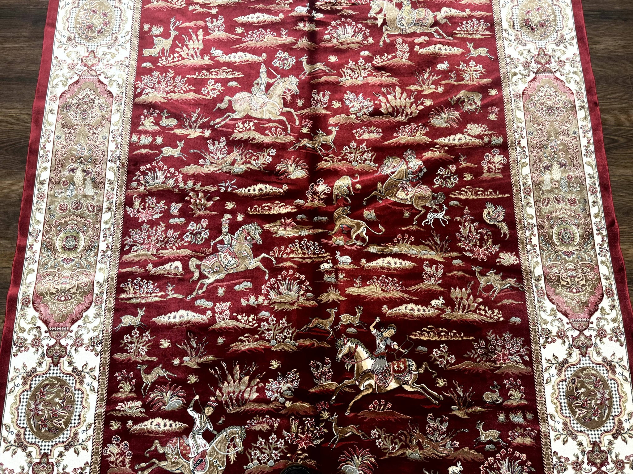 Turkish Silk Hunting Scene Rug 5 x 7.6, Red & Ivory, Bamboo Silk, New by Jewel Rugs