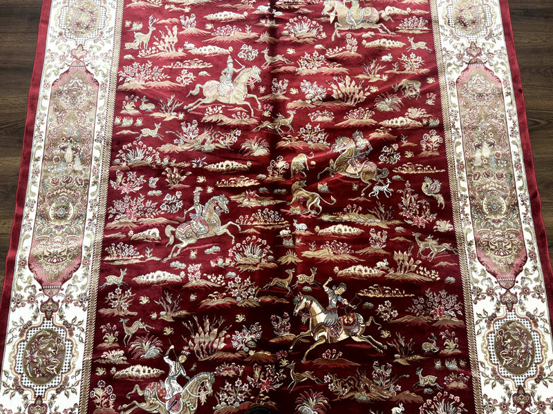 Turkish Silk Hunting Scene Rug 5 x 7.6, Red & Ivory, Bamboo Silk, New by Jewel Rugs