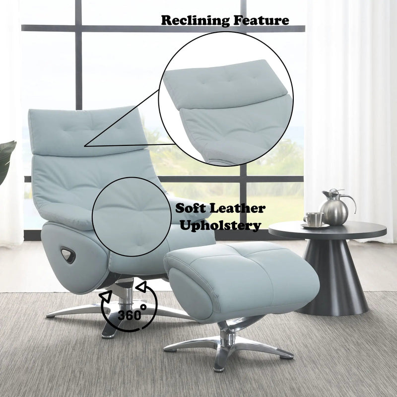 Janella - Top Grain Leather Accent Chair With Swivel & Ottoman - Baby Blue by HouseOfZazla