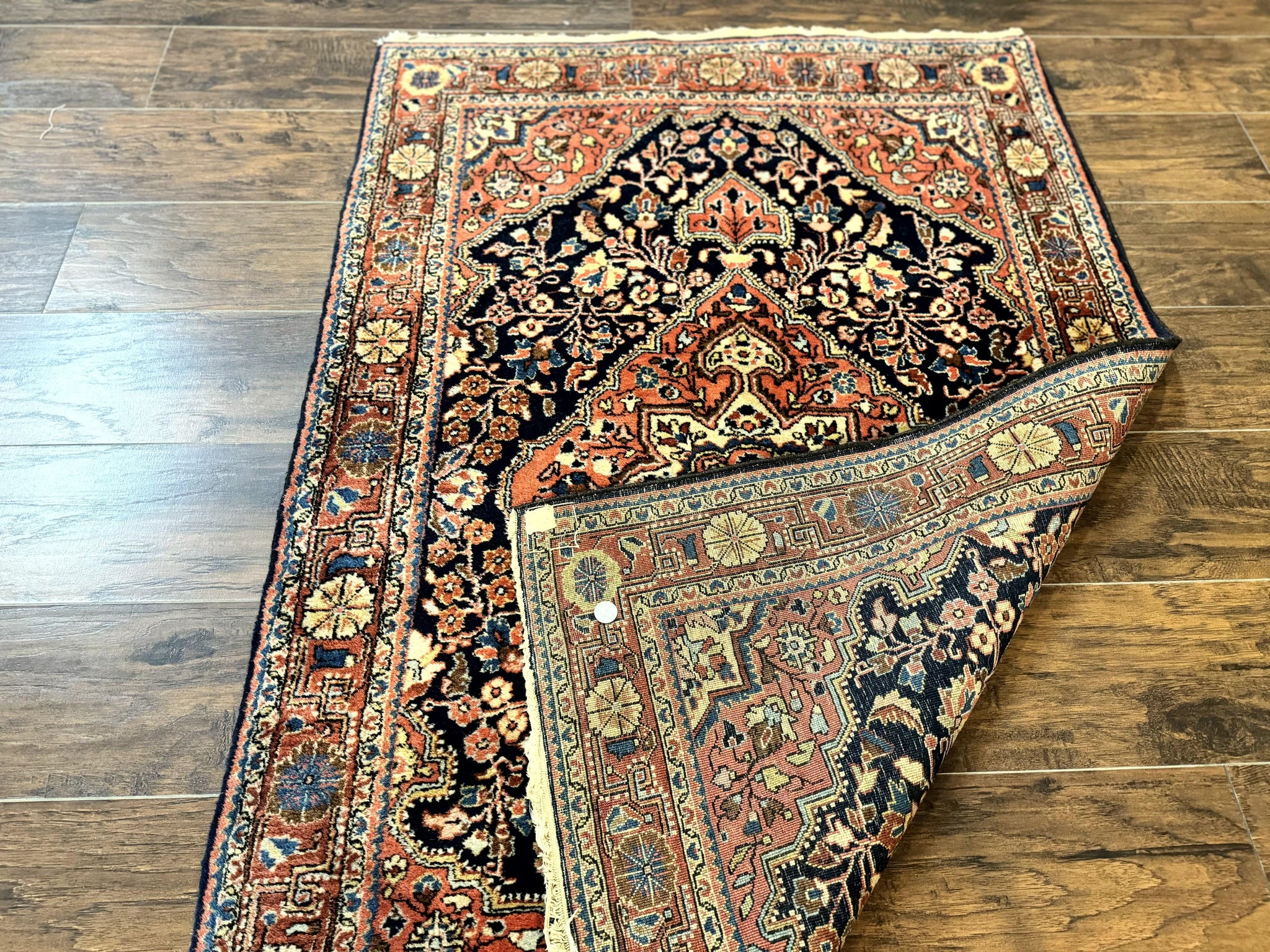 Persian Sarouk Rug 3.6 x 5, Medallion Rug, Red and Midnight Blue, Handmade Semi Antique Vintage Wool Carpet by Jewel Rugs