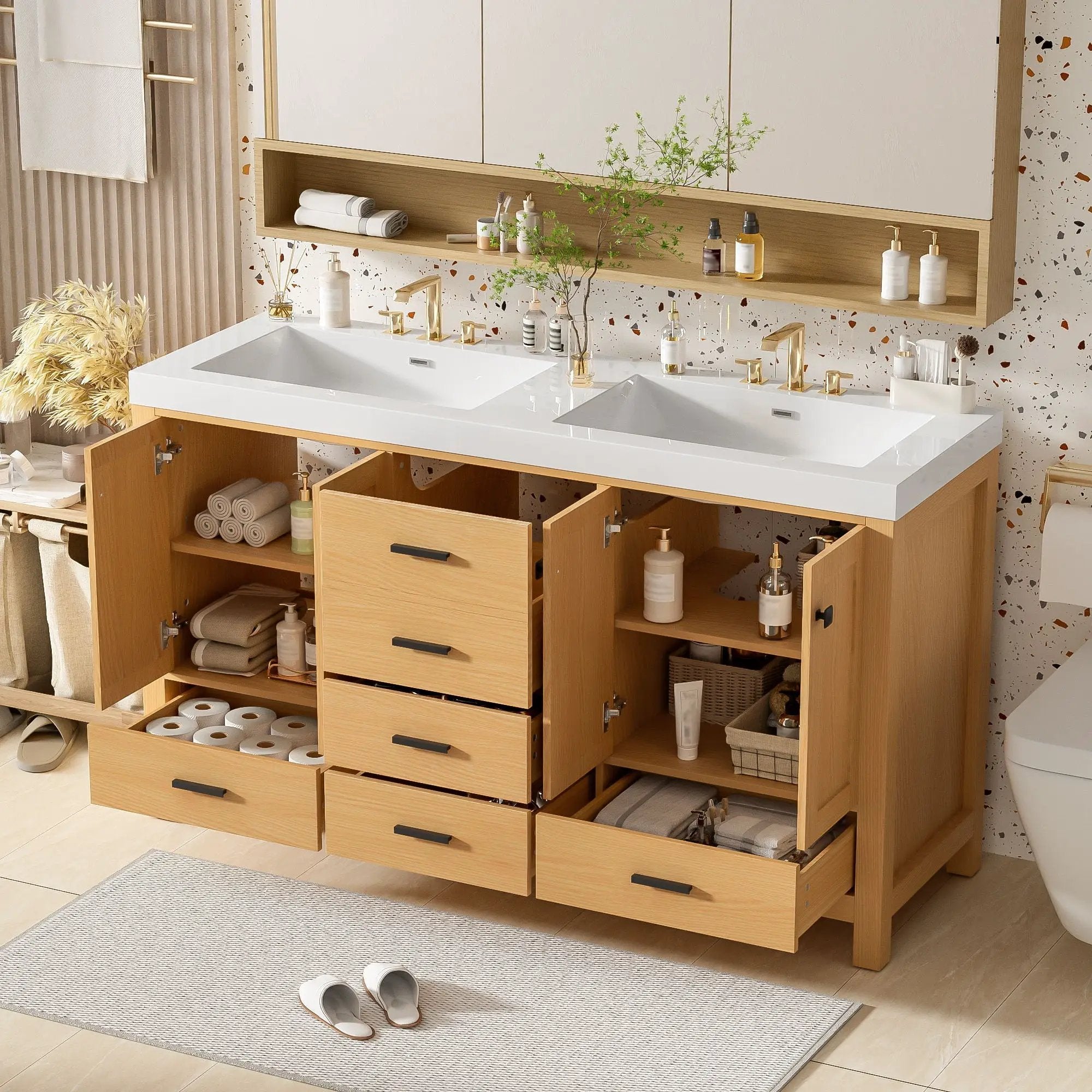 Bathroom Vanity With Double Sink, Soft Close Doors & Drawers Handles - Wood