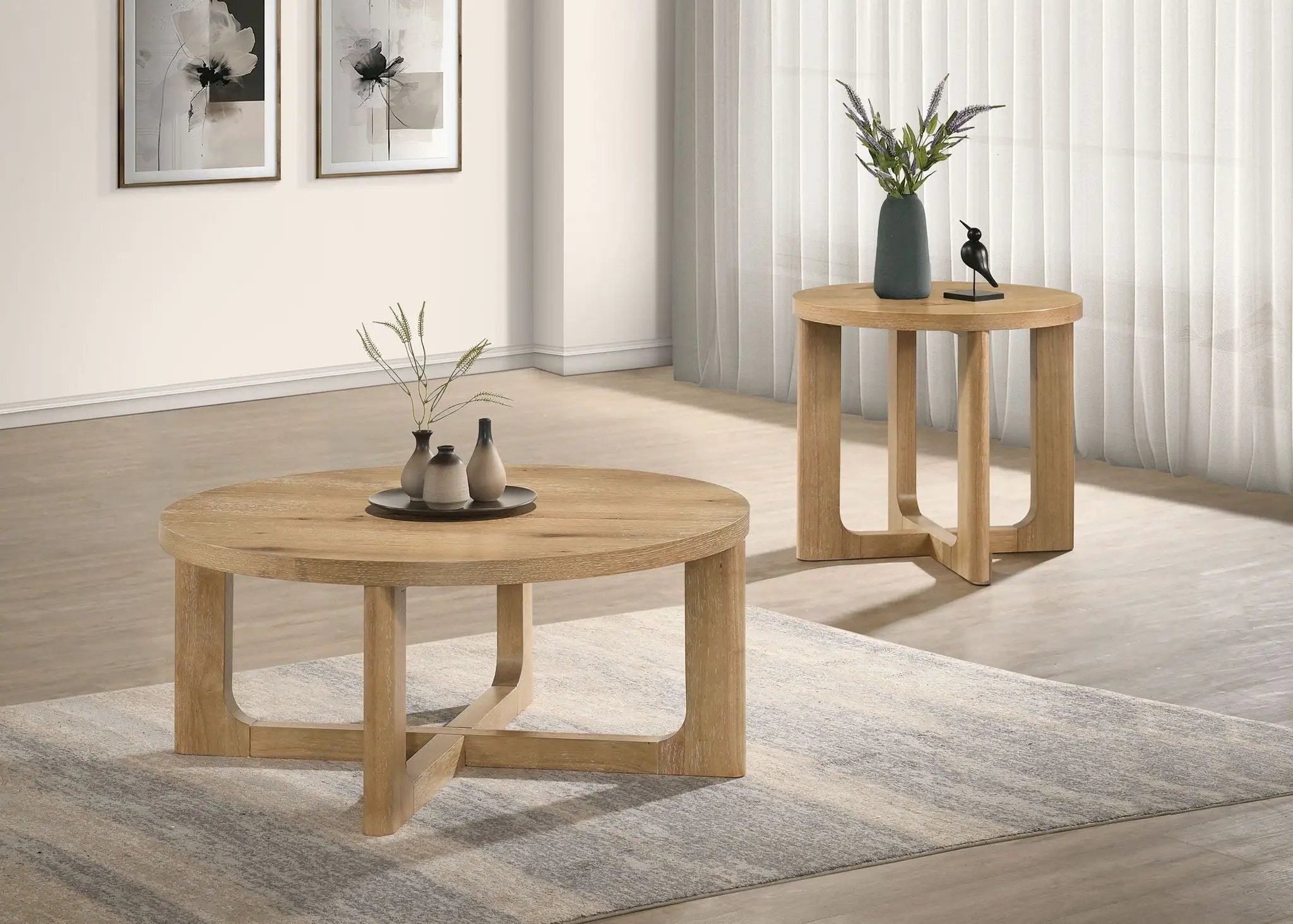 Kessler 2-piece Round Sculptural Wood Coffee Table Set Light Oak by Unique Piece Furniture