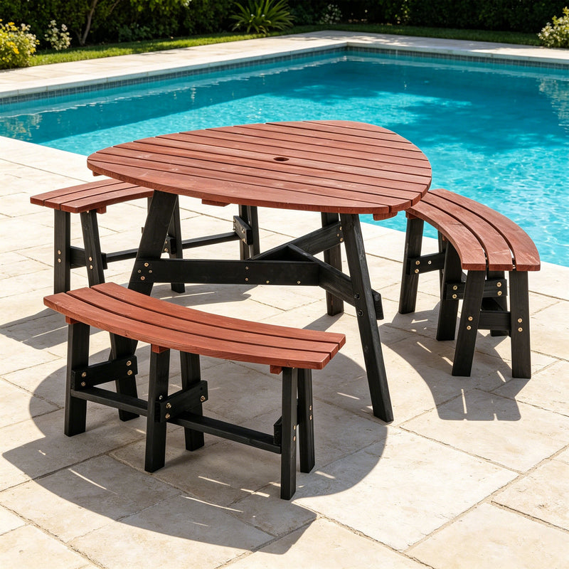 6-Person Semi-Circular Outdoor Solid Fir Wood Picnic Table Set, Rustic by HouseOfZazla