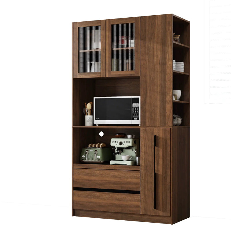 Tall Kitchen Pantry Cabinet With 4 Tier Side Shelf, 2 Drawers, Freestanding Food Hutch With Microwave Stand For Dining Room - Walnut by HouseOfZazla