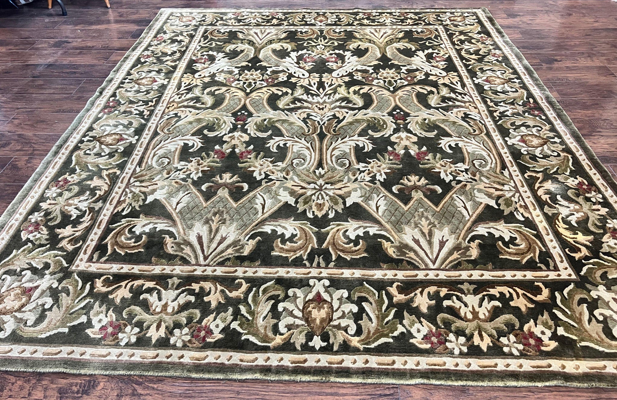 Tibetan Rug 8x10, European Design, Floral, Green, Handmade, Wool, Nepali Rug by Jewel Rugs