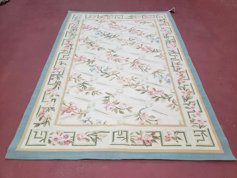 Vintage Aubusson Area Rug, Aubusson Flat weave Carpet, Floral Geometric Pattern, Beige Teal Green, 4x6 Rug, European Design by Jewel Rugs