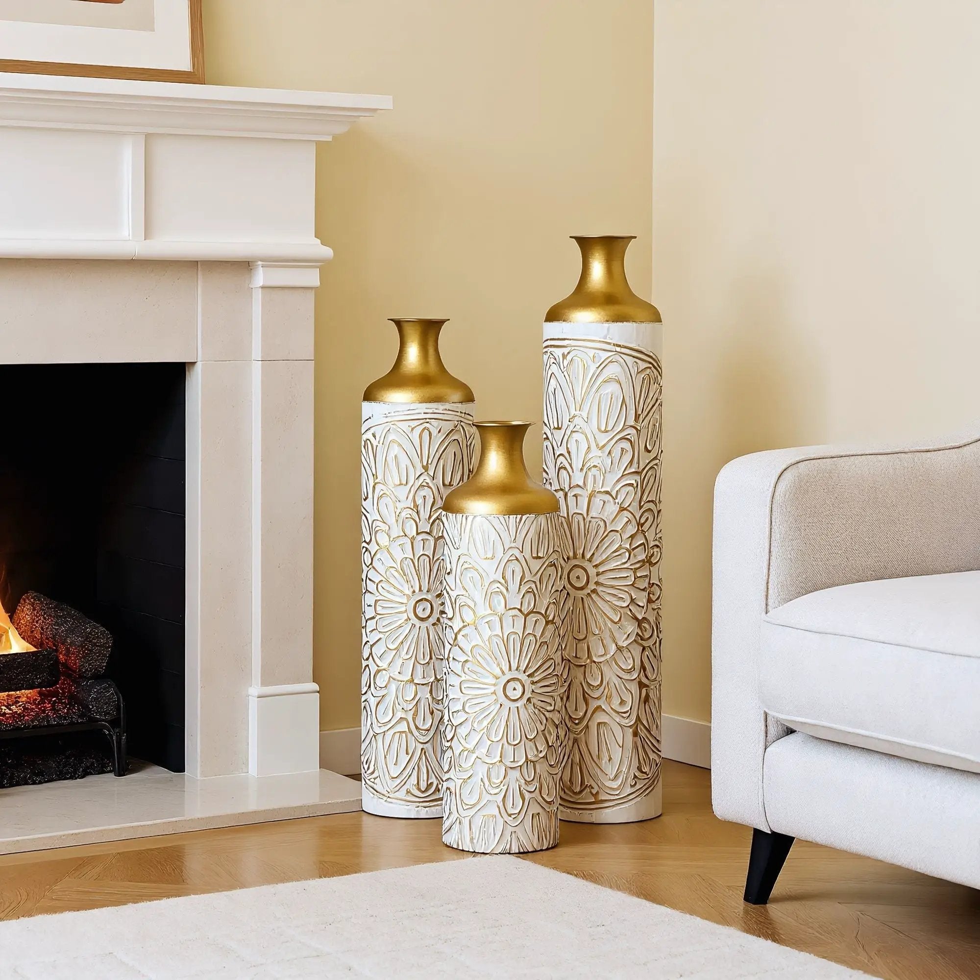 3 Piece Home Decoration Large Glazed Floor Vases - Gold / White by HouseOfZazla
