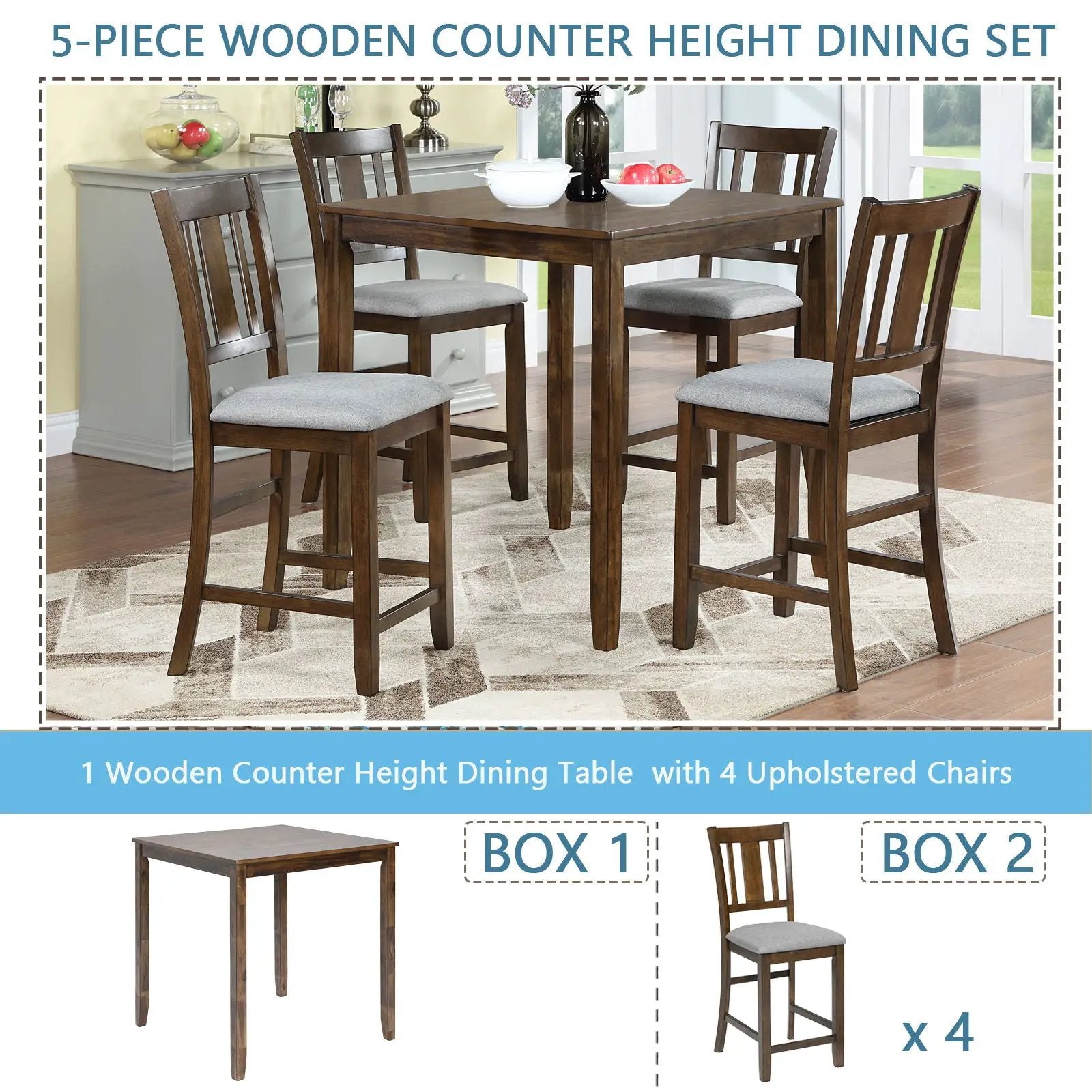 5 Pieces Dining Table Set, Counter Height Kitchen Table Set With Square Table And 4 Upholstered Chairs by Unique Piece Furniture