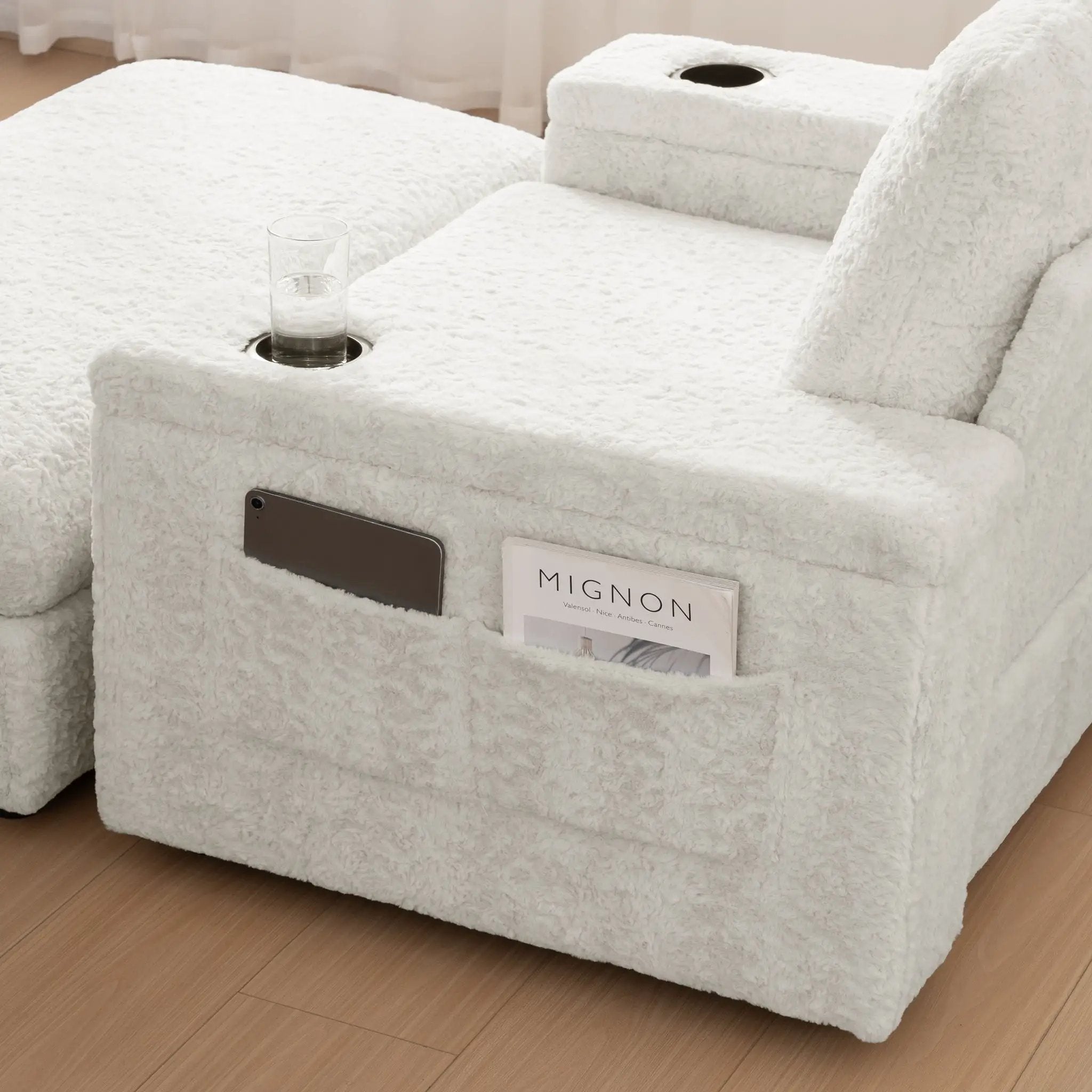 Oversized Chaise Lounge Indoor Rabbit Fur Sofa Bed With Storage Ottoman And Armrests Cup Holders With Deep Seat by HouseOfZazla