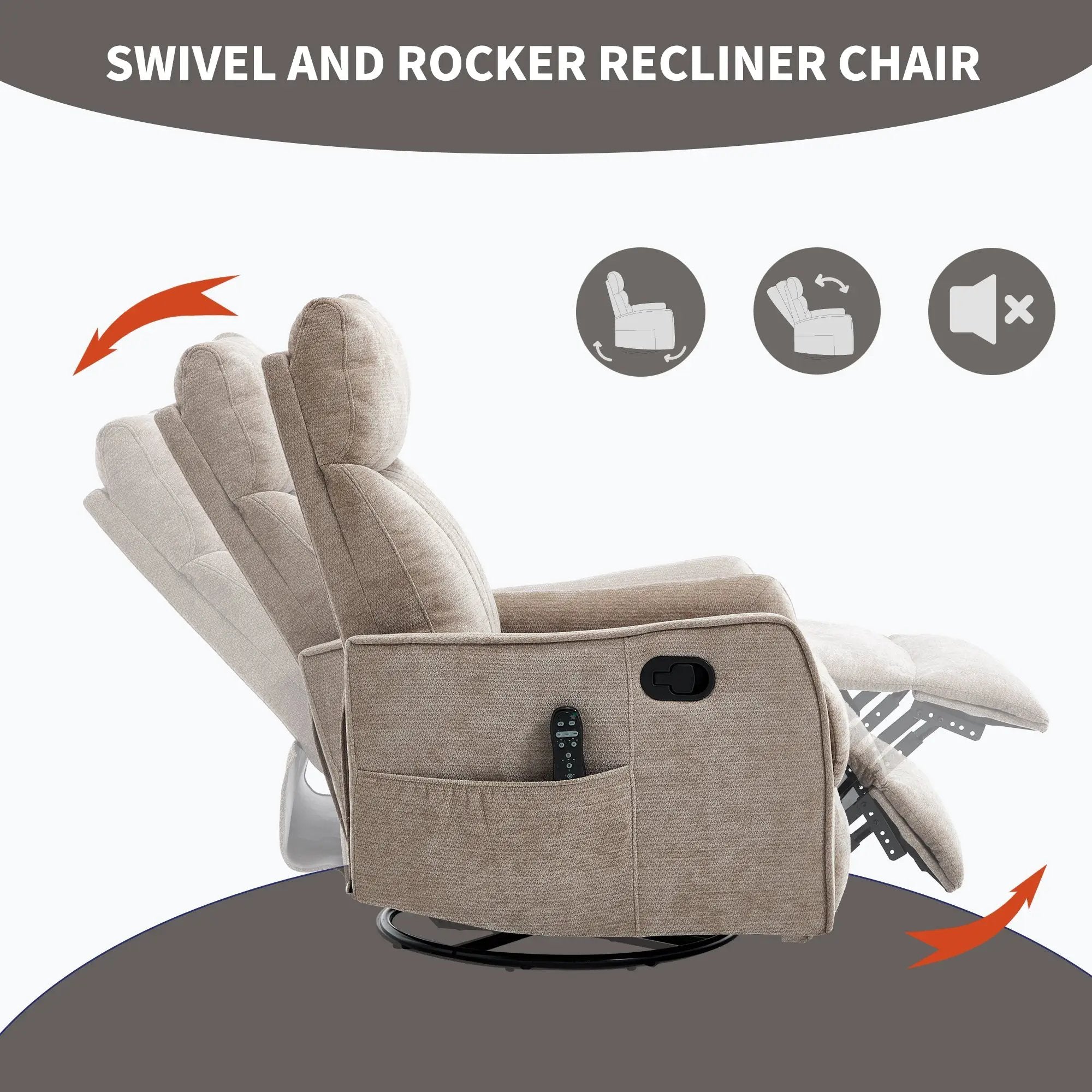 Khaki Heat Massage Manual Recliner Chair with Rocker and Swivel in Fabric for Living Room by HouseOfZazla