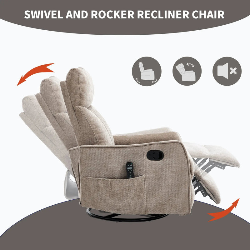 Khaki Heat Massage Manual Recliner Chair with Rocker and Swivel in Fabric for Living Room by HouseOfZazla