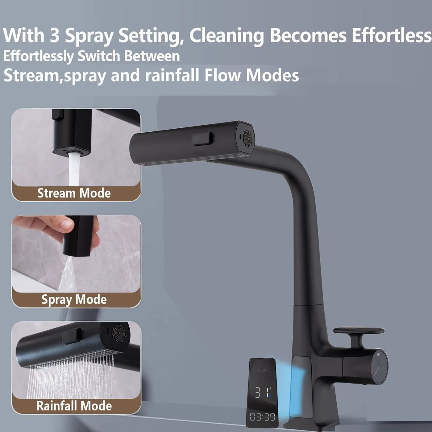Waterfall Kitchen Faucet With Temperature Display And Pull Down Sprayer by HouseOfZazla