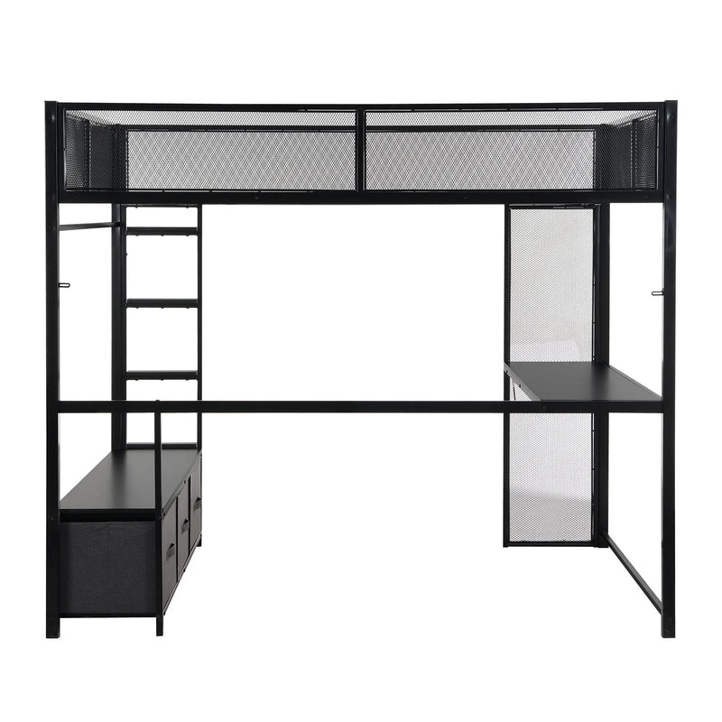 Full Size Gaming Loft Bed With LED Desk, Open Wardrobe, 3 Linen Storage Drawers - Black by HouseOfZazla
