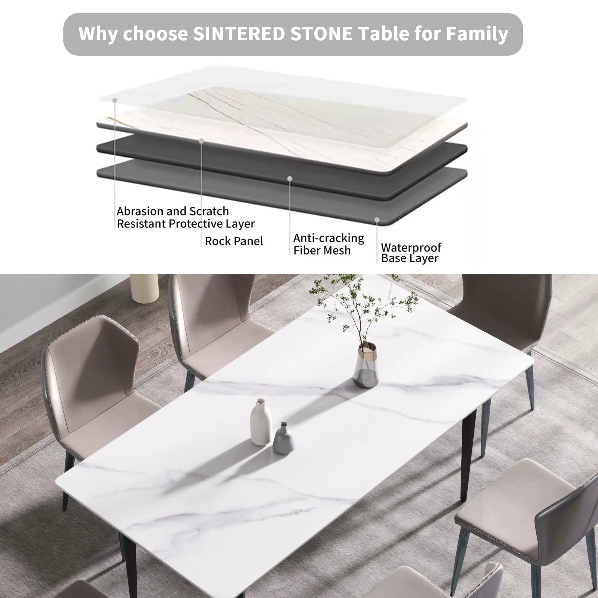 70.87" Modern Artificial Stone White Straight Edge Black Metal Leg Dining Table, Can Accommodate 6-8 People - White / Black by HouseOfZazla