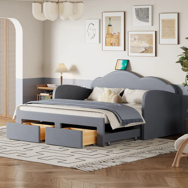 Upholstered Daybed With Cloud-Shaped Backrest, Trundle & 2 Drawers And USB Ports by HouseOfZazla