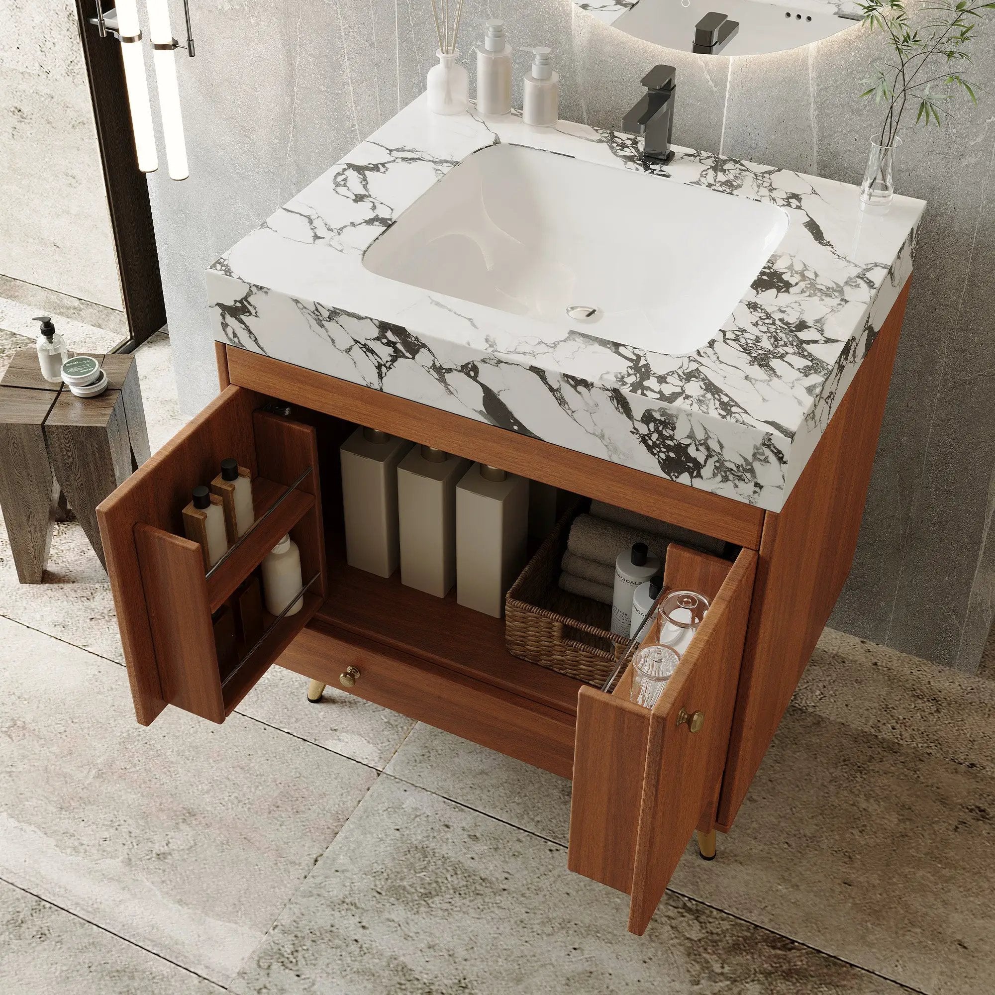 Mid-Century Free-Standing Bathroom Vanity with Faux Marble Top by HouseOfZazla