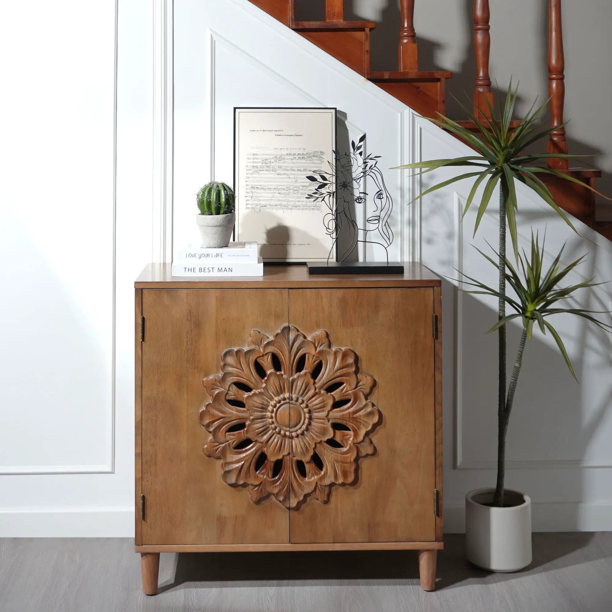 2 Door Accent Storage Cabinet With Floral Design, Sideboard For Living Room - Dark Brown by Unique Piece Furniture